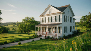 A victorian farmhouse with a wrap-around porch and green landscape under a bright sky.