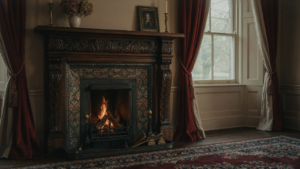 A grand Victorian fireplace with decorative tiles and a carved wooden mantel warming a room.