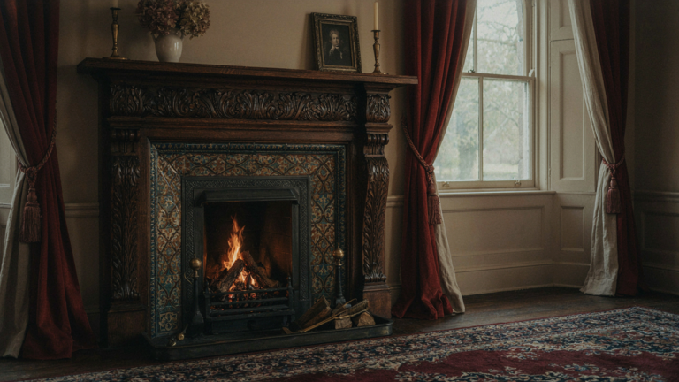 A grand Victorian fireplace with decorative tiles and a carved wooden mantel warming a room.