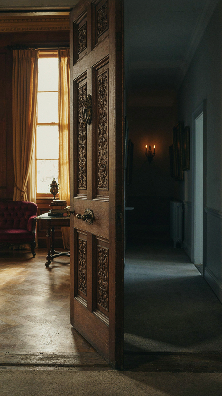 Ornate closed door separating a parlor from a hallway.