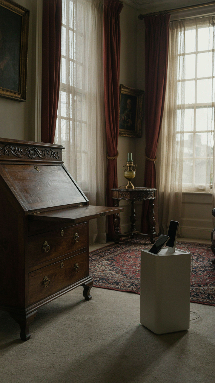 An antique secretary desk facing a modern charging station in a living room.