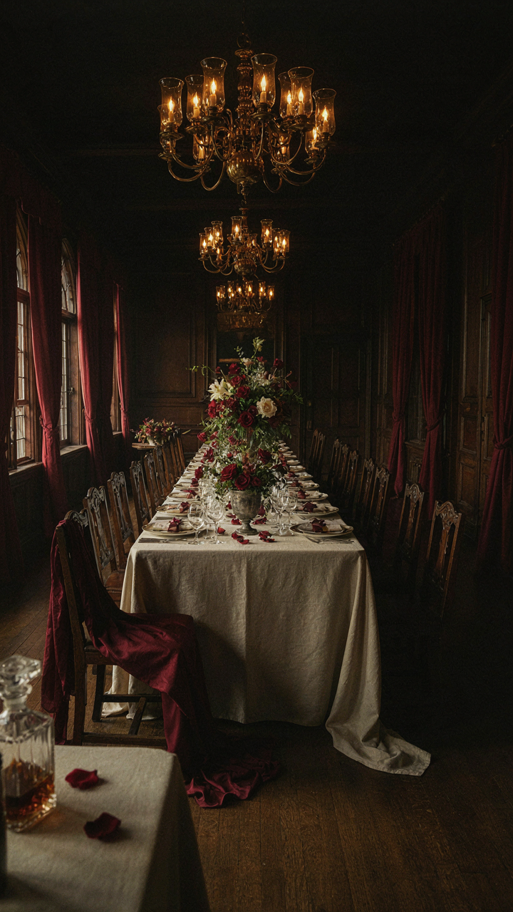 A Victorian dining table is brightly lit by an overhead gaslight, leaving the room edges dim.