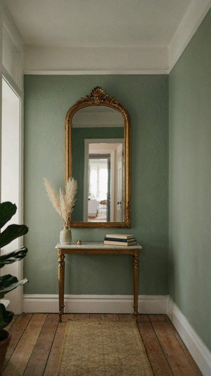 A sage green hallway features a large ornate mirror and console table.