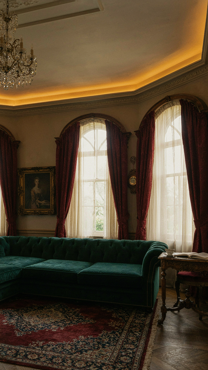 A velvet sectional sofa in a Victorian room with hidden modern tech.