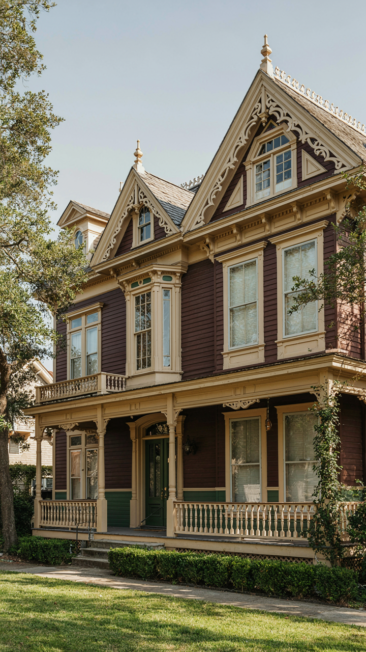 A Victorian house exterior with a dominant chocolate brown body and cream trim.