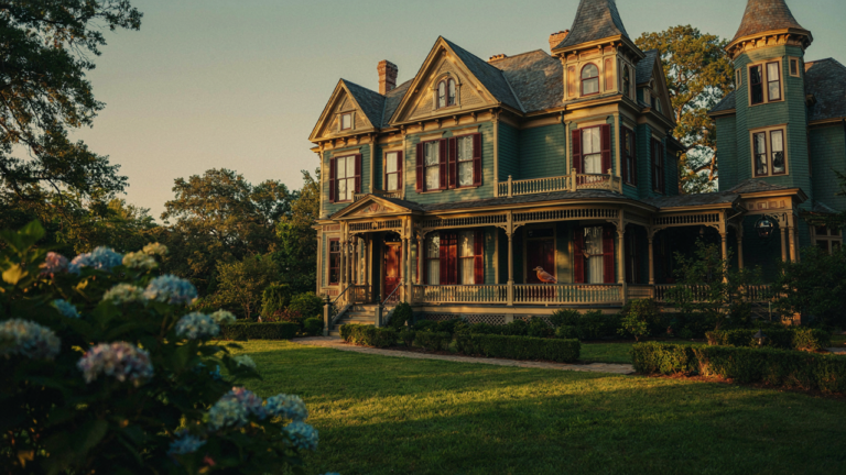 A colorful Victorian house exterior with ornate architectural details under bright sunlight.