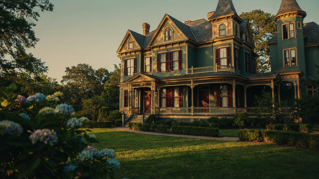 A colorful Victorian house exterior with ornate architectural details under bright sunlight.