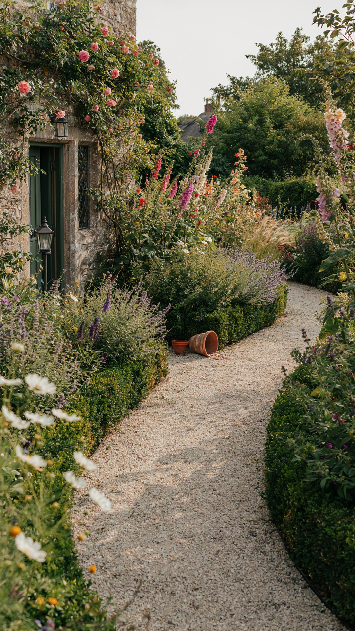 A curved gravel path winds through plants toward a Victorian cottage.