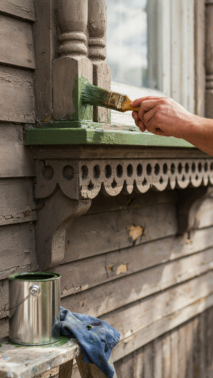 Hands meticulously painting dark forest green trim on a Victorian house.