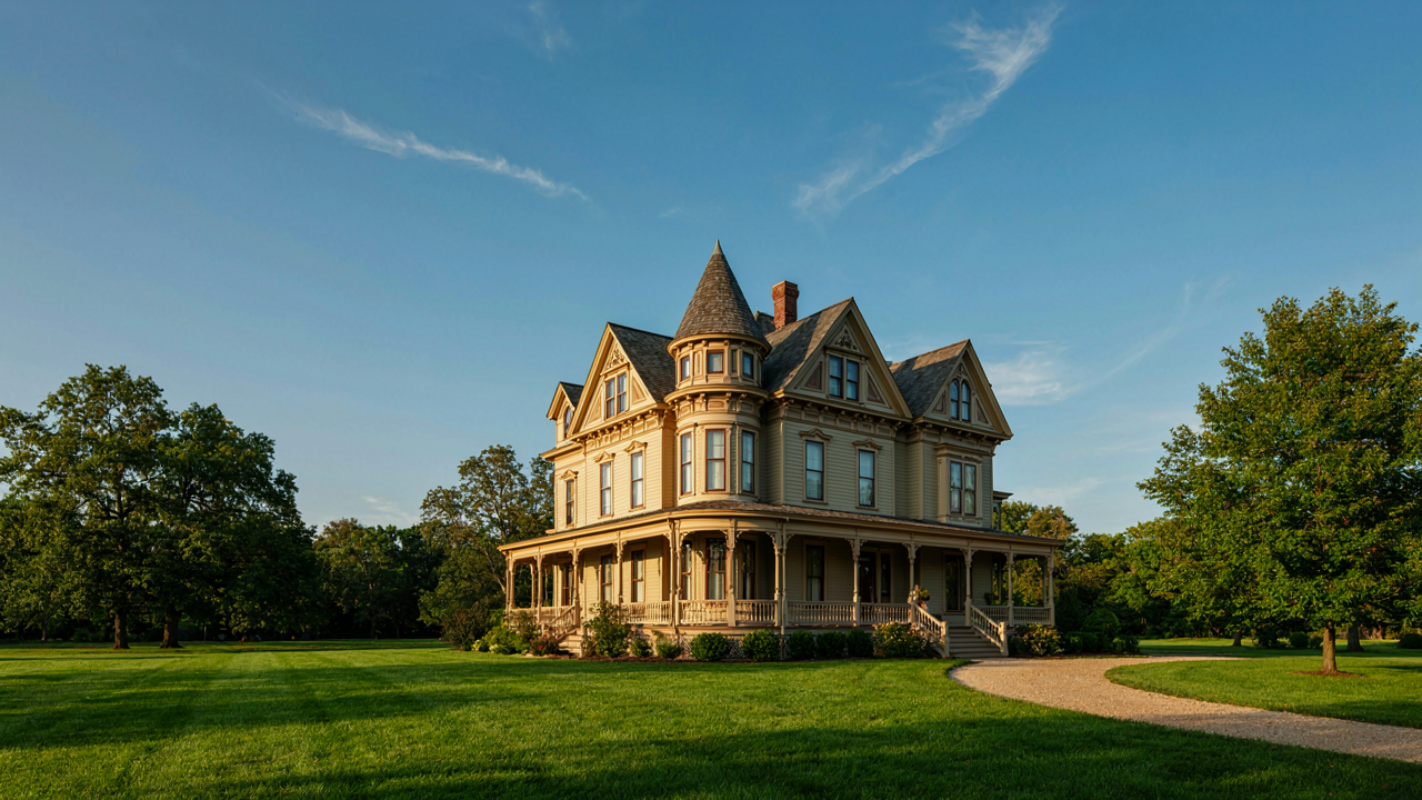 Grand victorian house plan with a turret and wraparound porch on a sunny day.