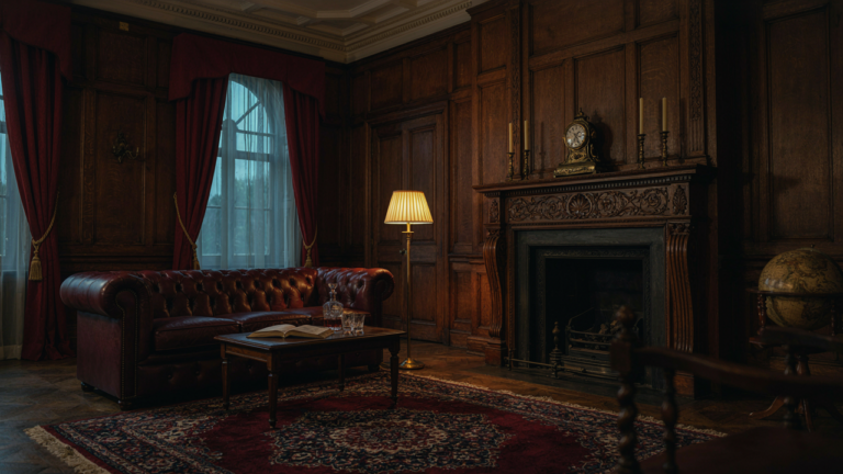 An opulent Victorian living room with rich wood and velvet furniture.