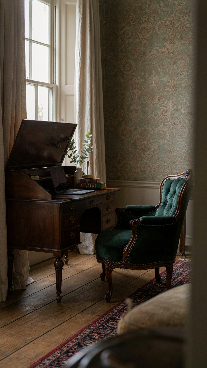 A Victorian secretary desk serves as a stylish, functional workspace.