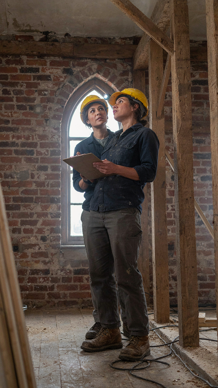 A structural engineer examines exposed timber and brick walls.