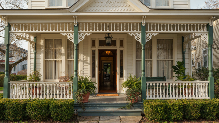 A restored Victorian porch with elaborate white gingerbread trim and green potted plants.
