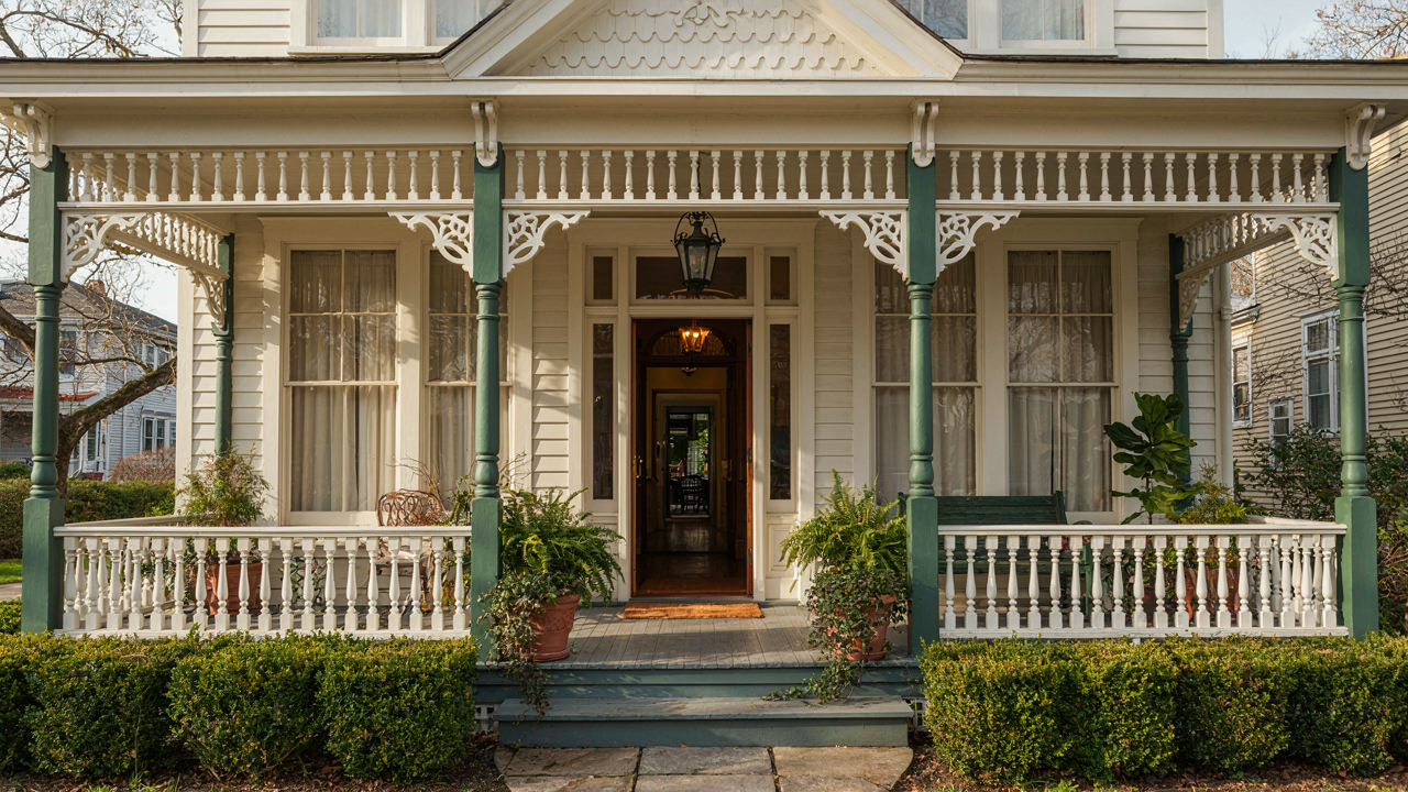 A restored Victorian porch with elaborate white gingerbread trim and green potted plants.