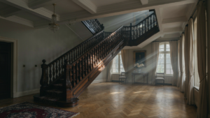 An opulent Victorian staircase with dark wood and intricate carvings, bathed in sunlight.