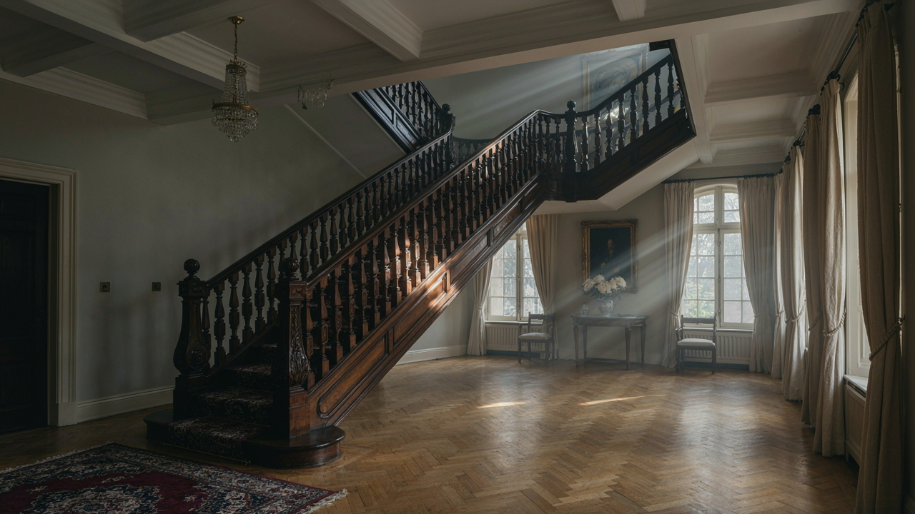 An opulent Victorian staircase with dark wood and intricate carvings, bathed in sunlight.