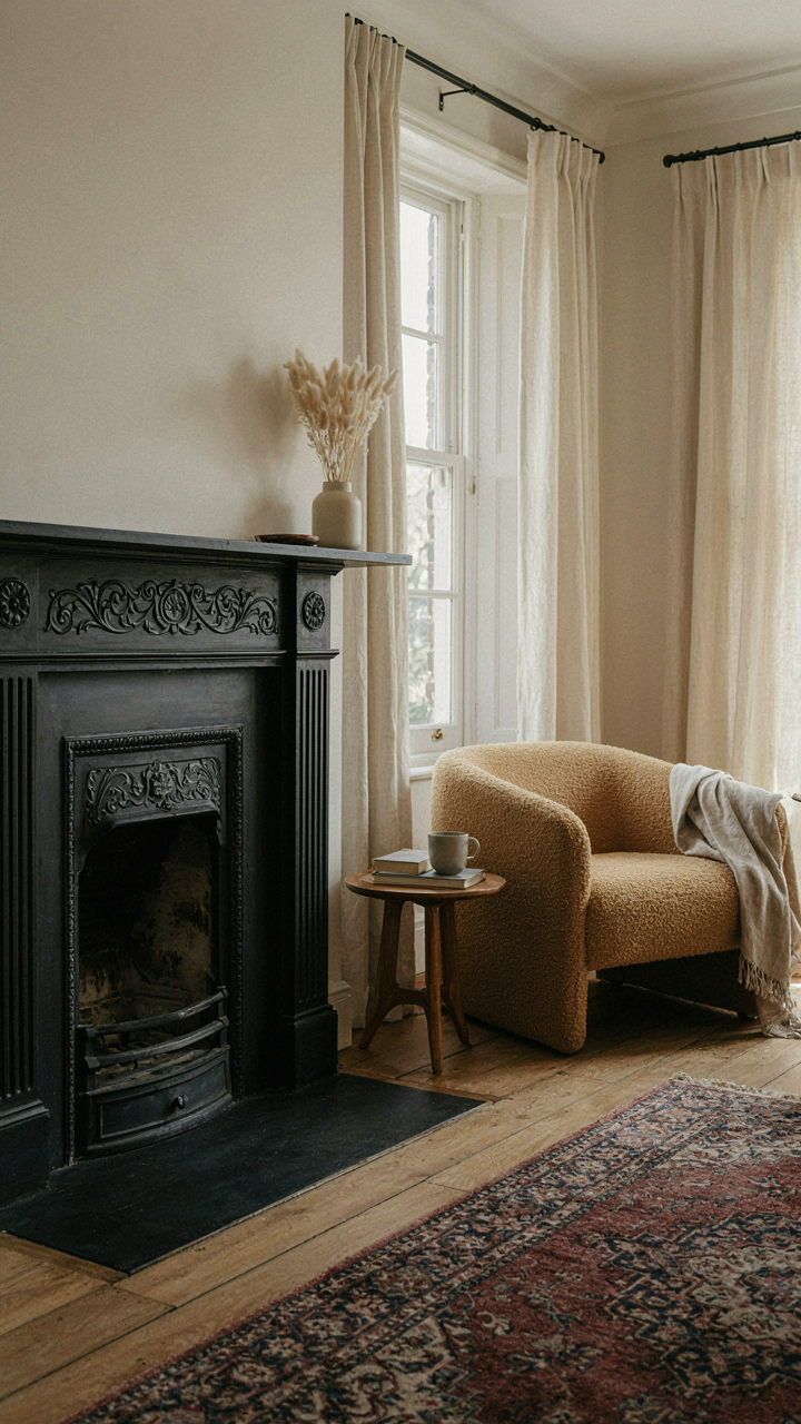 A cast iron fireplace surround in a Victorian cottage living room.
