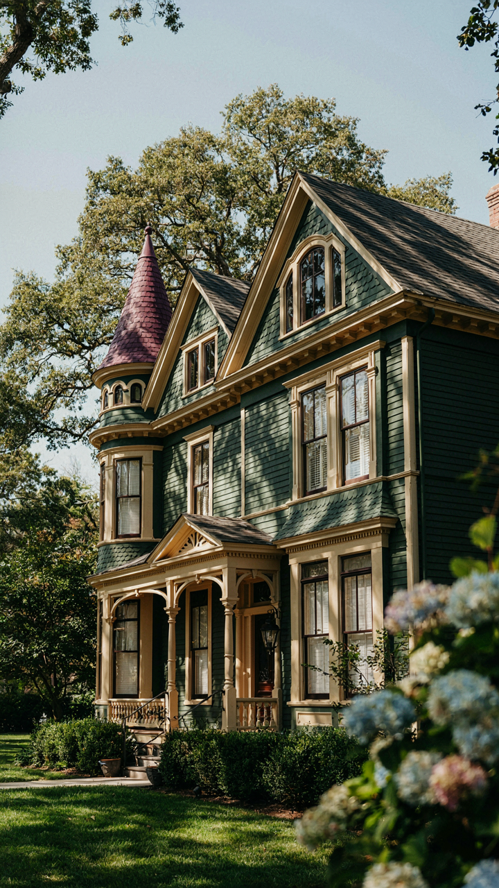 A dark green queen anne victorian house with light trim and a dark turret.