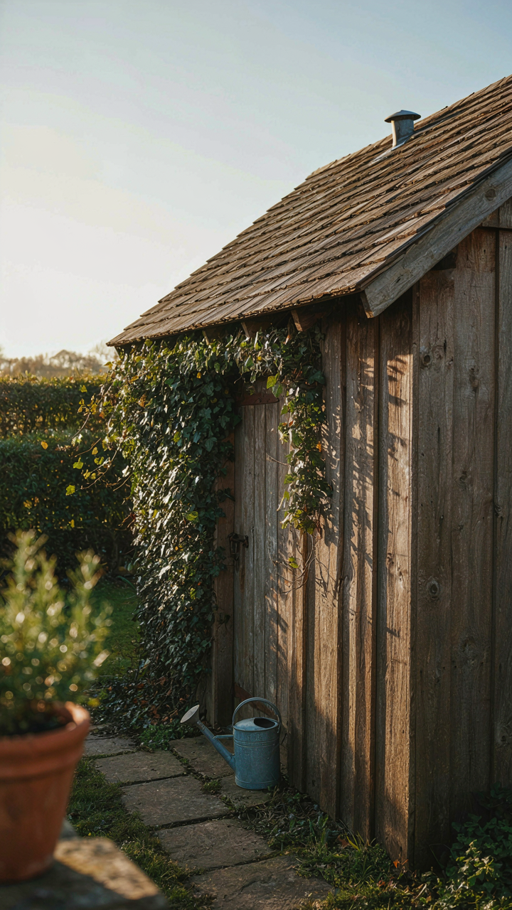 Ivy covers the west wall of a rustic garden shed with a visible roof vent.