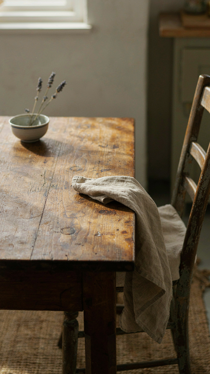 A close-up of an antique wooden table with a rich, natural patina.