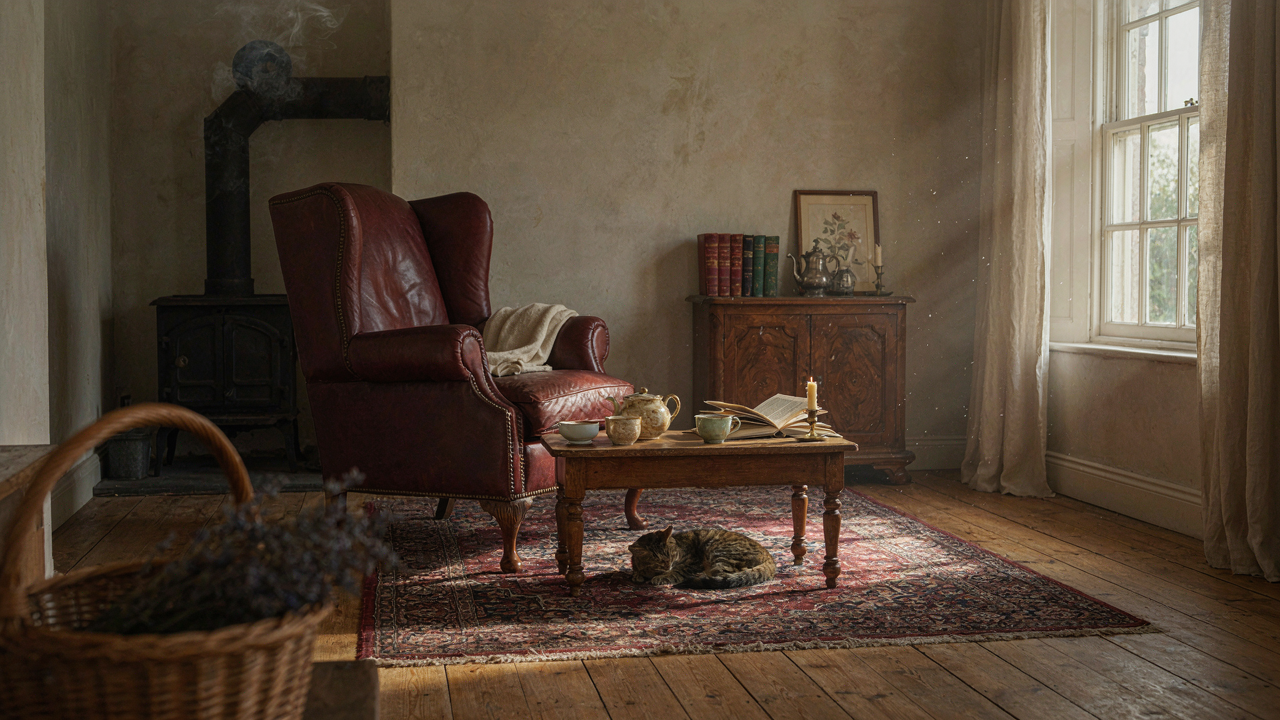 A cozy vintage cottage living room with antique furniture and warm natural light.