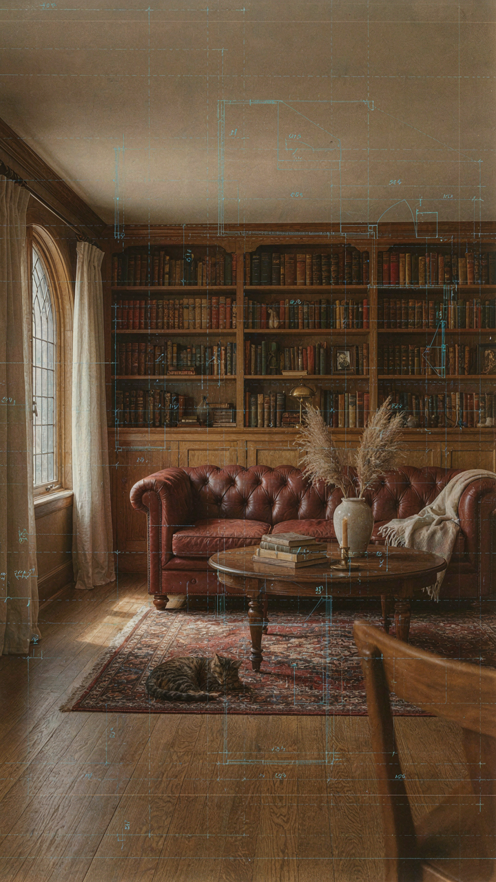 A vintage photograph of a bungalow interior with blueprint lines showing compact rooms.