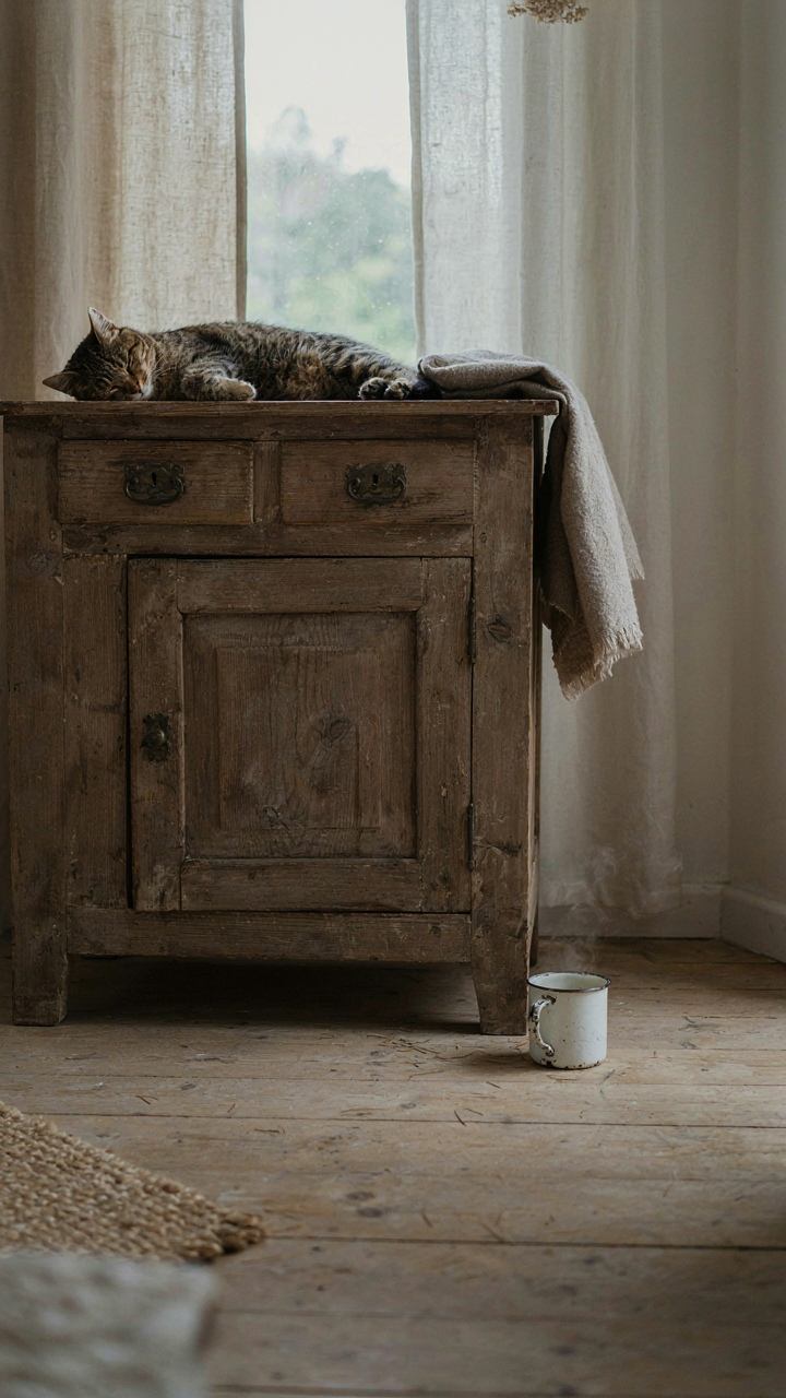 A rustic, aged wooden cabinet from a lake cottage in a cozy room.