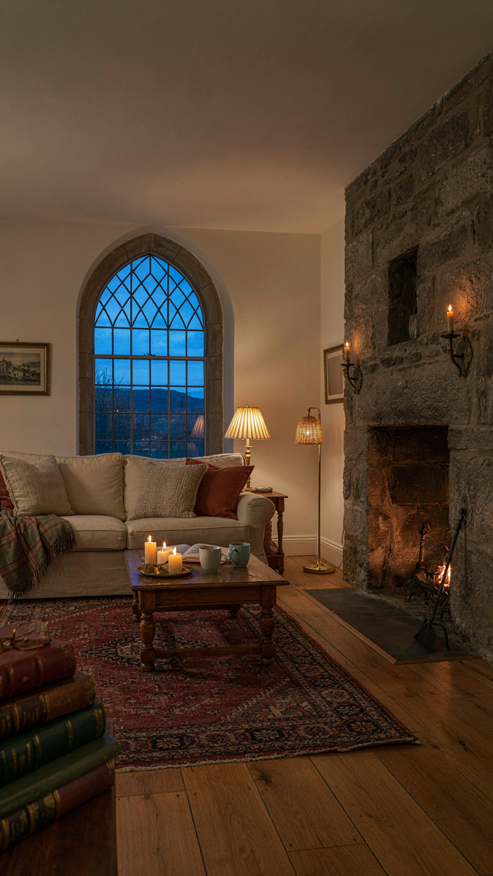 A warm scottish cottage living room with layered lighting and stone walls.