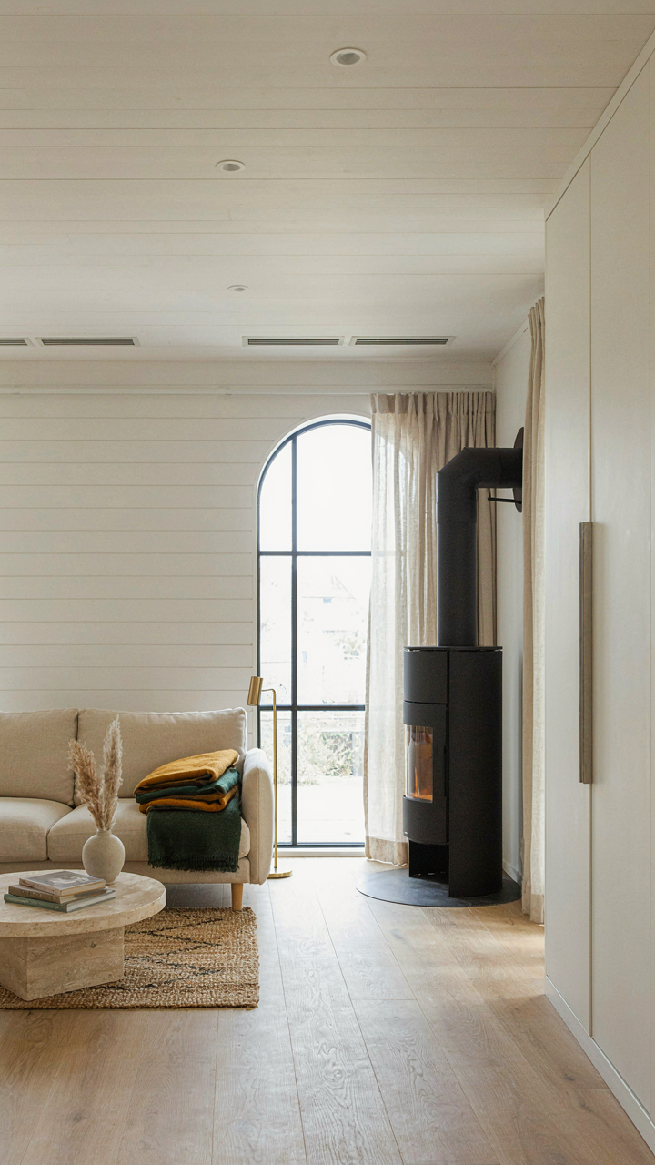 A Scandinavian cabin living room with a wood-burning stove and pale wood sofa.
