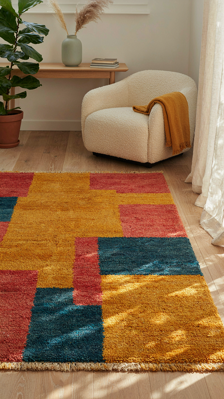 A close up of a hand woven wool rug on a light wood floor.