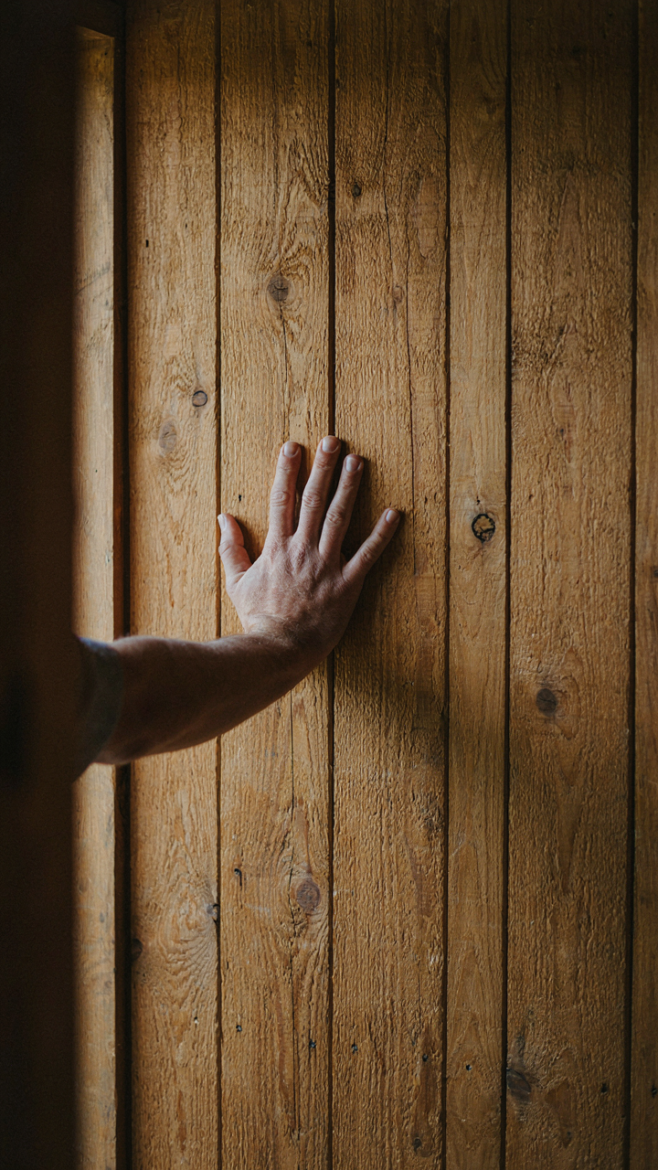 A hand touches the raw, warm wood grain of a cabin entryway wall.