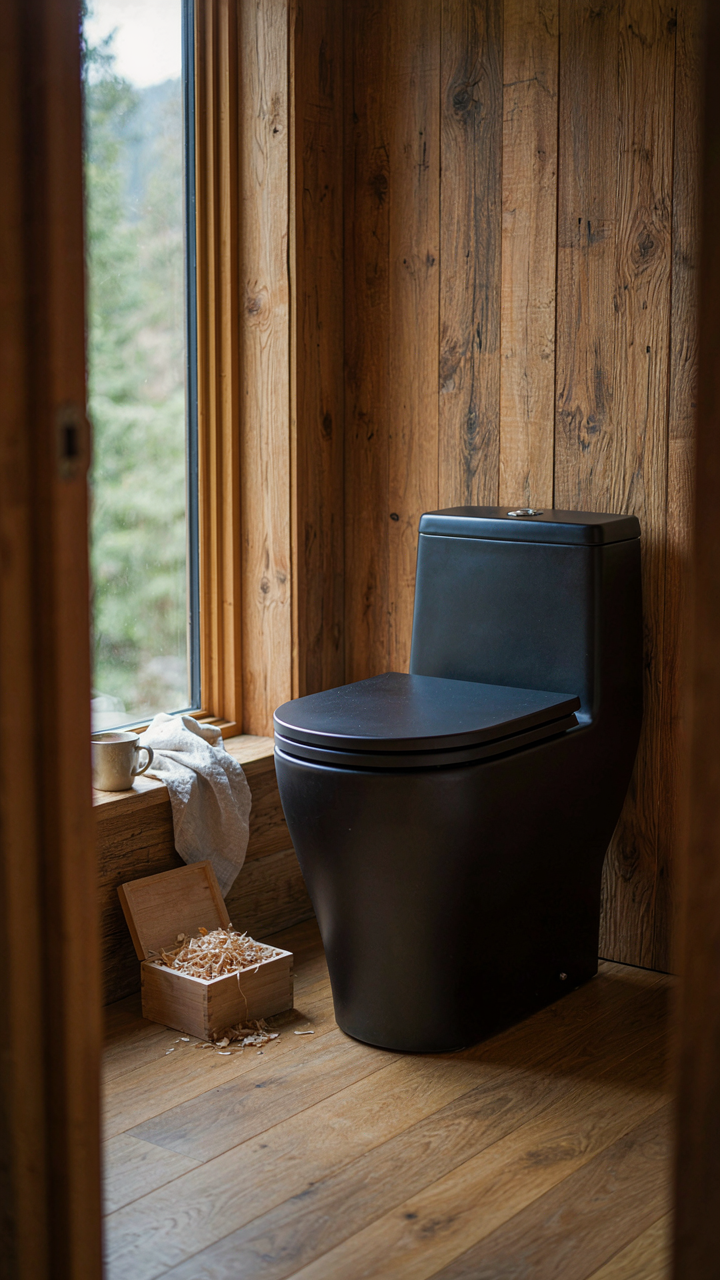 A modern composting toilet in a rustic small cabin bathroom.