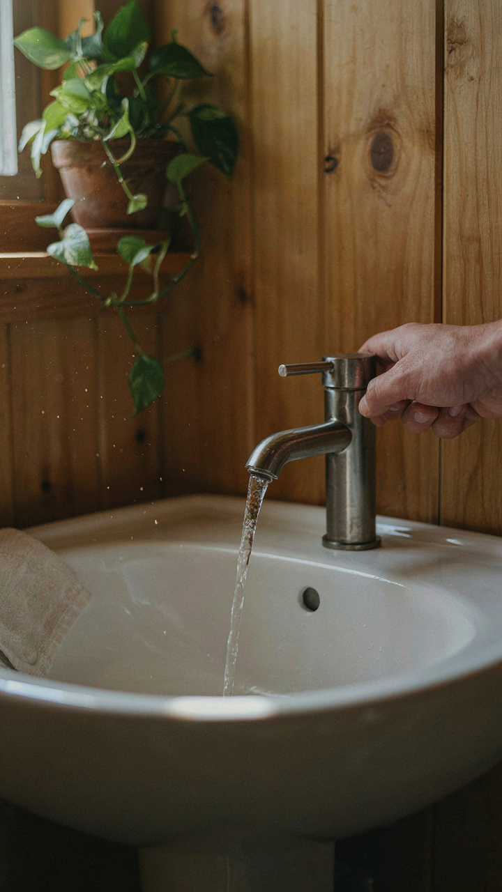 A hand turns on a low-flow faucet with a small stream of water.