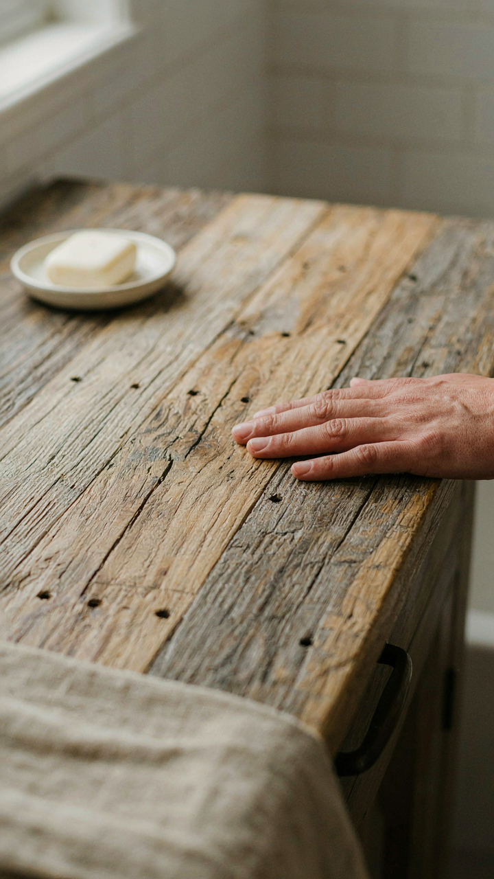 A hand touching a richly textured reclaimed barn wood vanity surface in a bathroom.