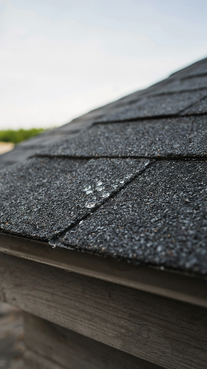 Water beads on a well-sealed roof shingle of a small shed.