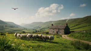A traditional Welsh cottage with stone walls and a dark slate roof in a green valley.