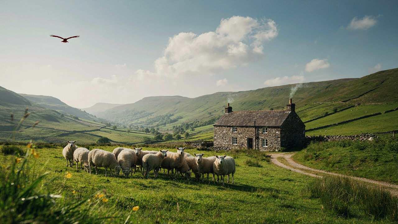 A traditional Welsh cottage with stone walls and a dark slate roof in a green valley.