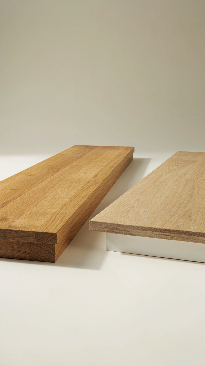 A solid wood stair tread next to a laminated plywood stair tread.