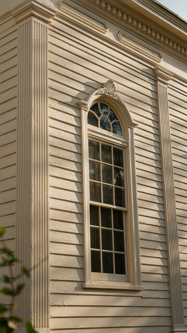 A close-up of an aged ivory colonial revival house wall with detailed trim.