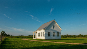 A classic white farmhouse with a metal roof stands in a green field.