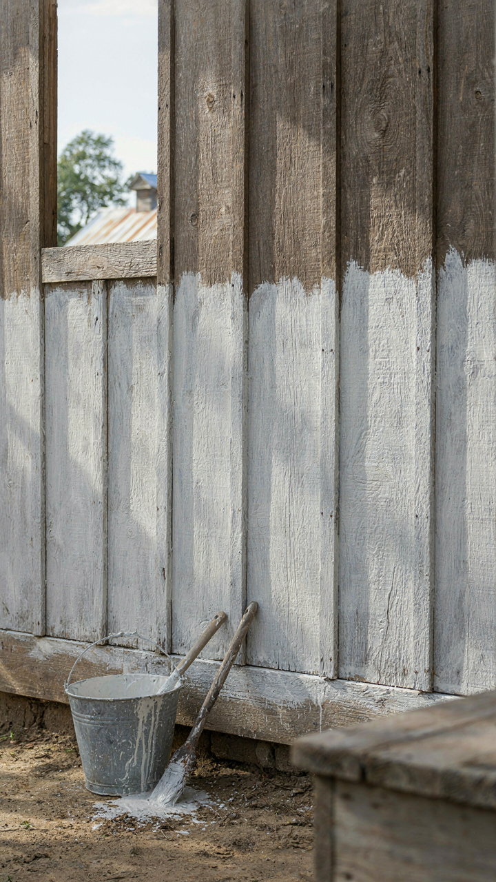 White lime-based whitewash on a farmhouse wall reflects sunlight.