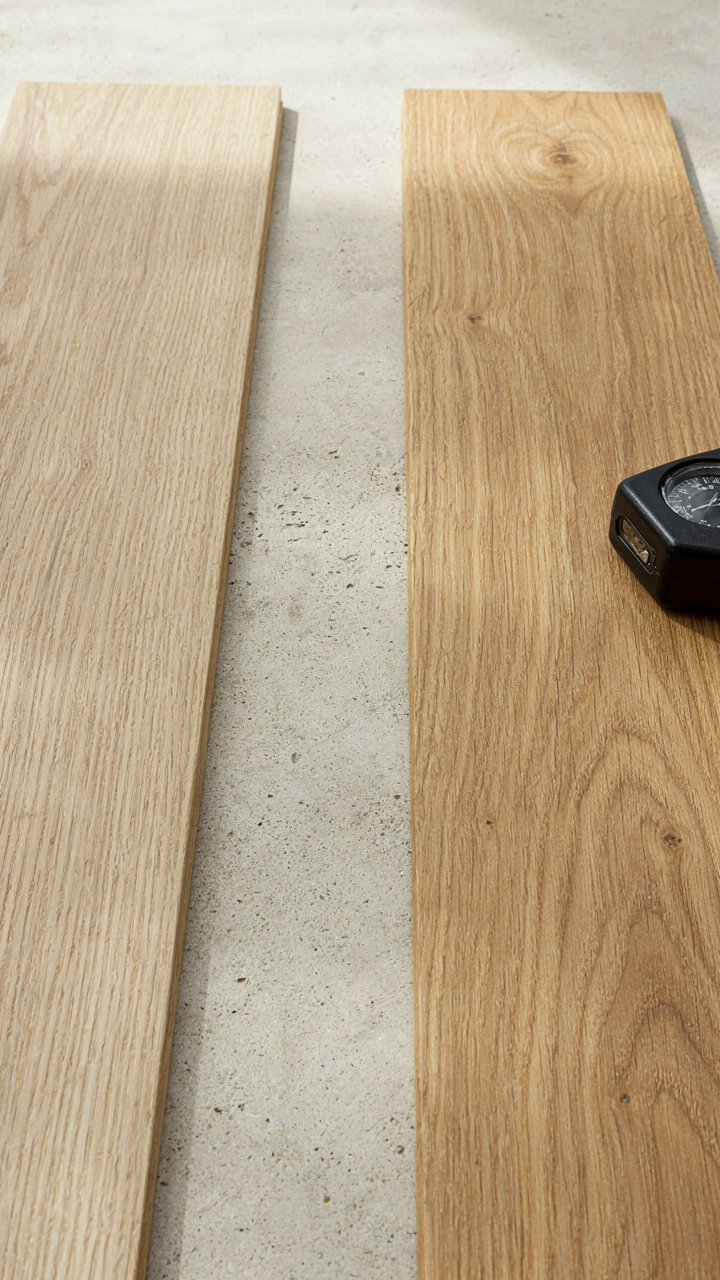 White oak and pine flooring samples lie side by side on a surface.