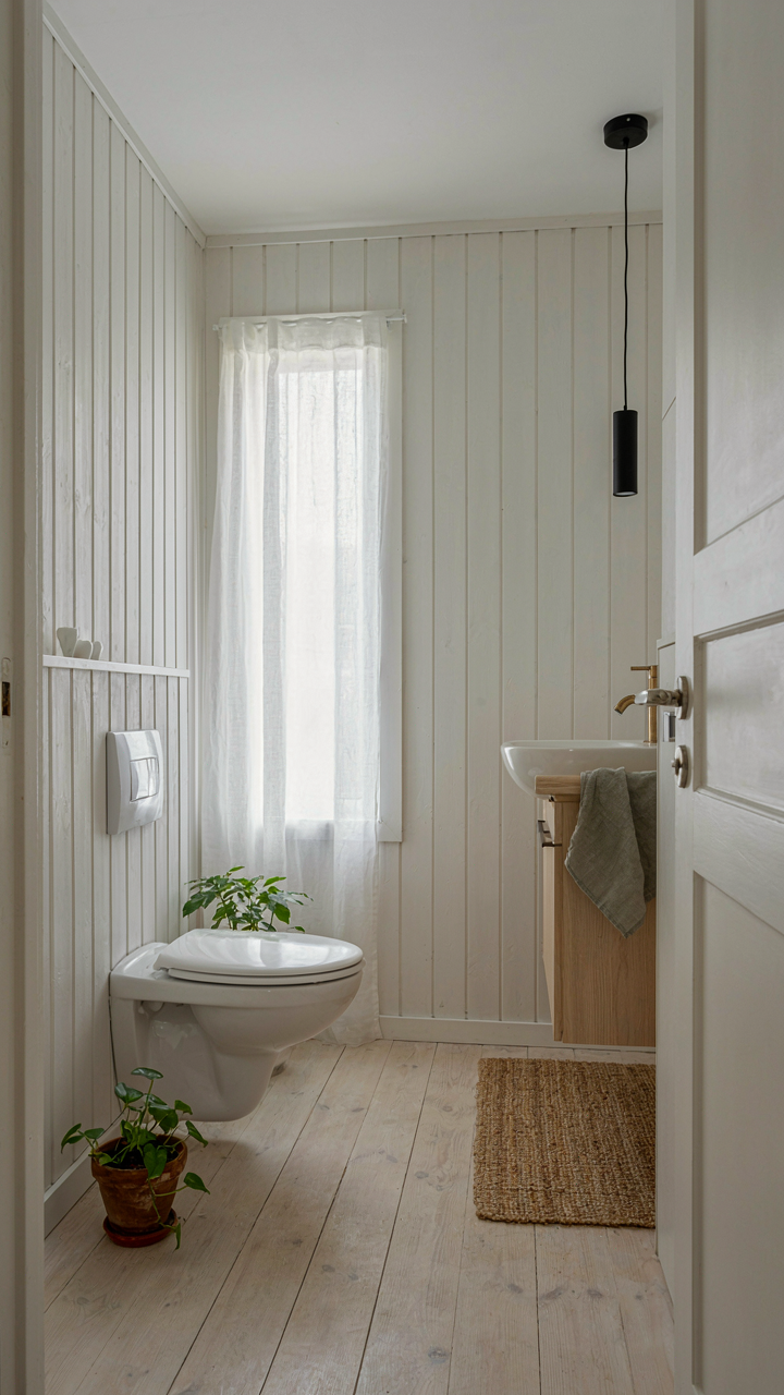 A compact scandinavian cottage bathroom with a corner toilet and sink.