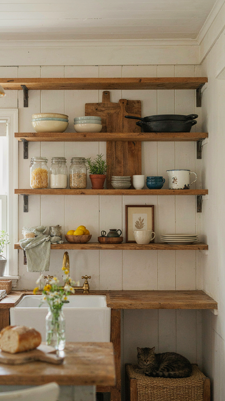 Open shelves in a cottage kitchen display frequently used bowls, cutting boards, and pans.