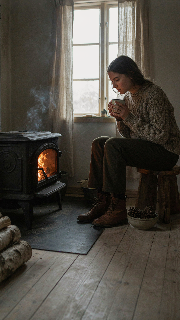 A small, efficient fire burning in a cast iron wood stove.