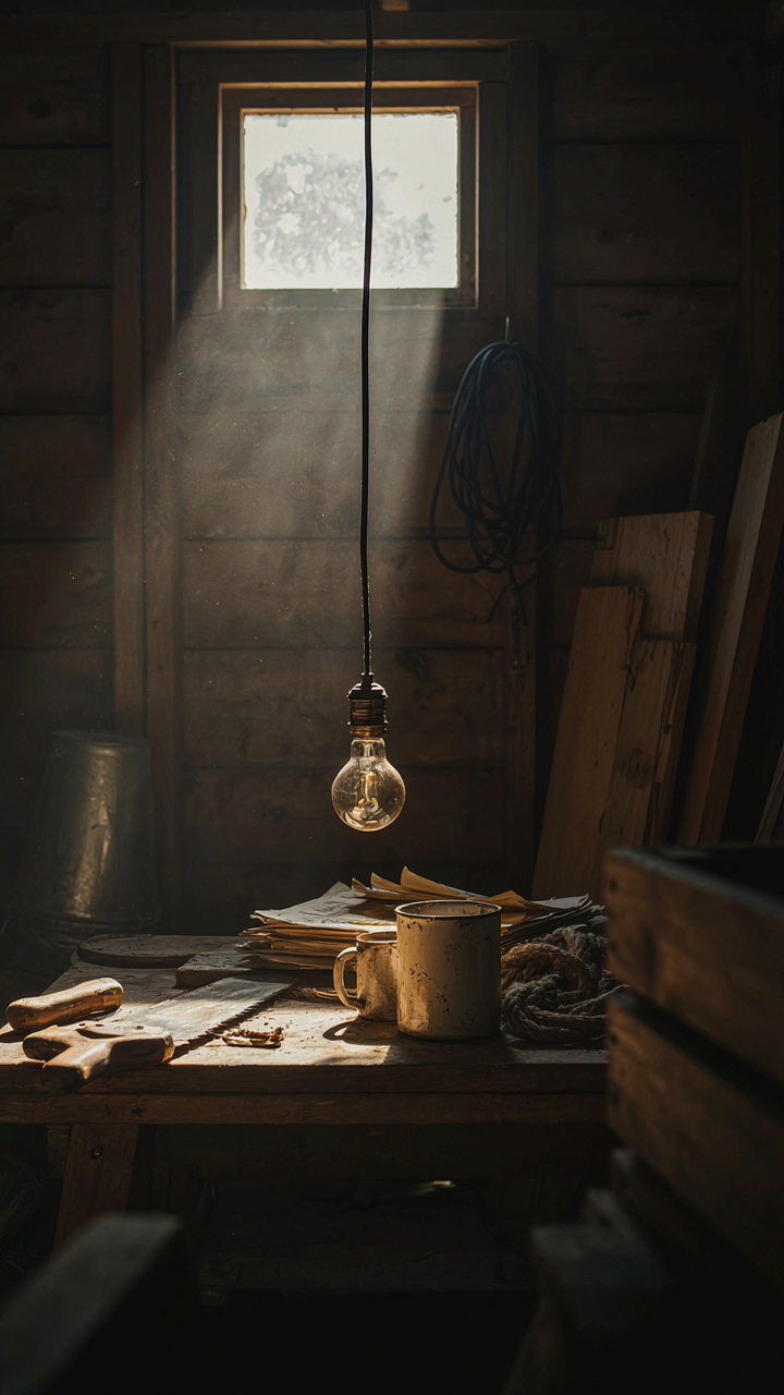 A single bare light bulb casts harsh shadows in a messy shed, showing poor she shed lighting ideas.