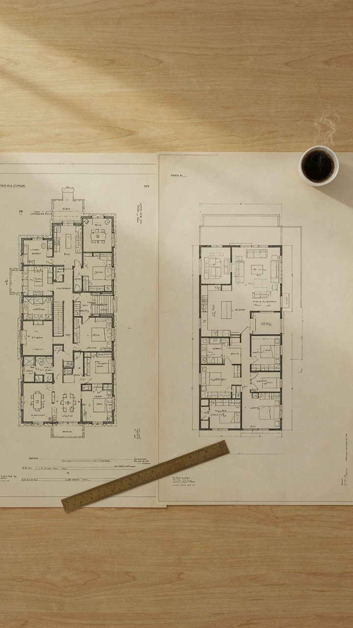 Two blueprints side-by-side, a French country cottage and a modern ranch house.
