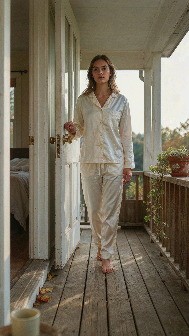 A person walks from a bedroom directly onto a porch in the morning light.