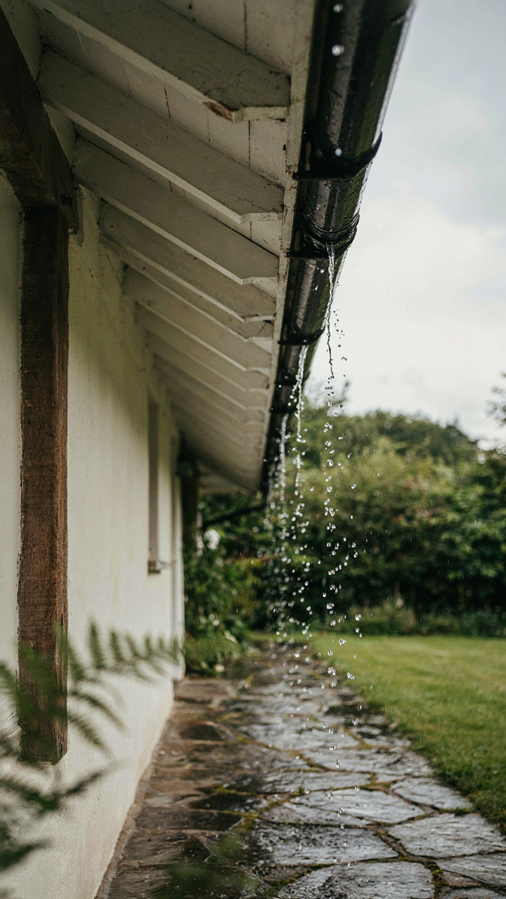Rainwater shedding from a deep farmhouse eave with a gutter onto a stone path.